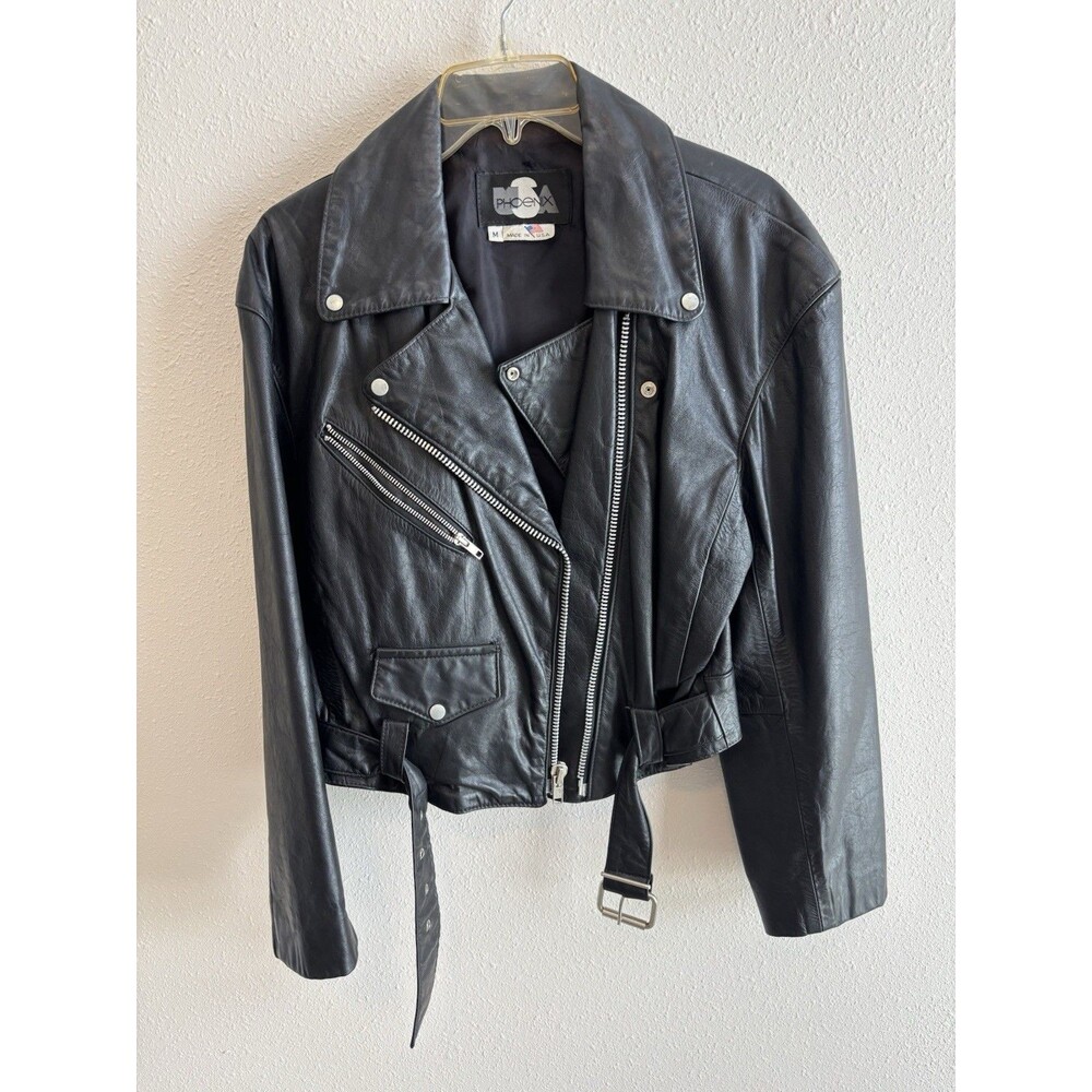 VTG Phoenix USA Leather Motorcycle Jacket Black Cropped Belted Moto 90s‎ M